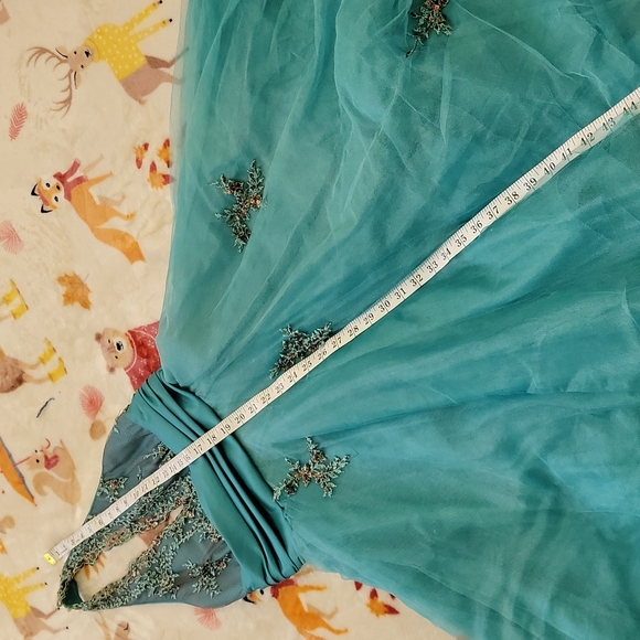 🤎 PROM TULLE LACE V BRONZE HALTER FORMAL GREEN BLUE MERMAID GRUNGE ROCK GOWN - Picture 6 of 8